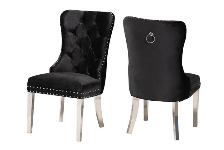 Glam and Luxe Black Velvet Fabric and Silver Metal 2-Piece Dining Chair Set