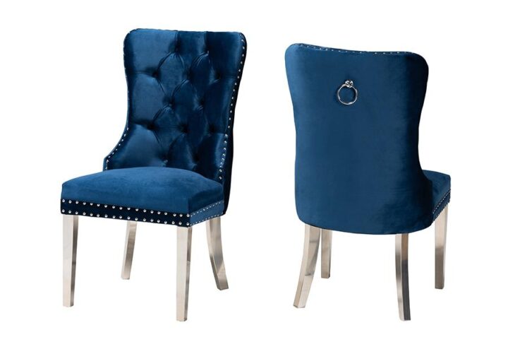 Glam and Luxe Navy Blue Velvet Fabric and Silver Metal 2-Piece Dining Chair Set