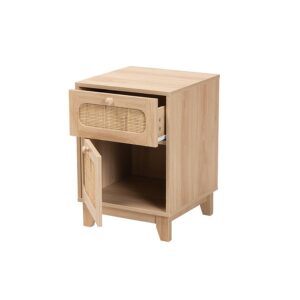 Light Brown Finished Wood and Natural Rattan 1-Drawer End Table