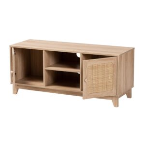 Light Brown Finished Wood and Natural Rattan 2-Door TV Stand
