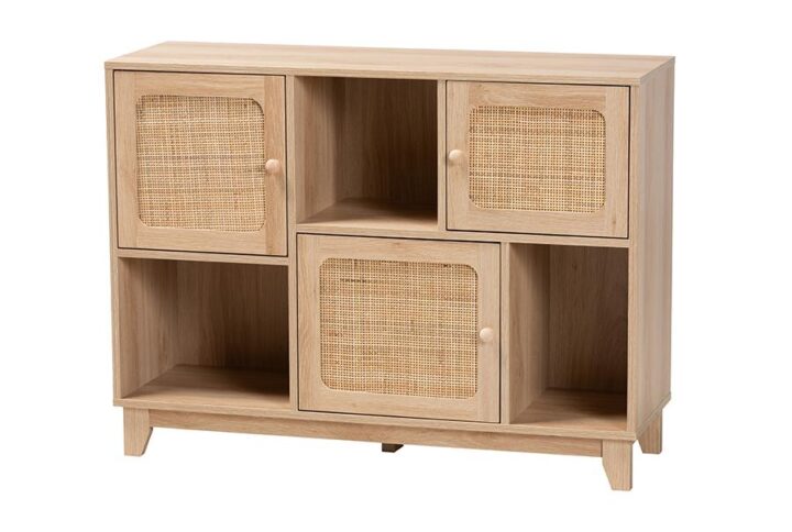 Light Brown Finished Wood and Natural Rattan 3-Door Sideboard