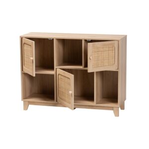 Light Brown Finished Wood and Natural Rattan 3-Door Sideboard