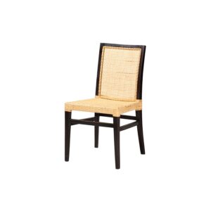 Bohemian Dark Brown Mahogany Wood and Natural Rattan Dining Chair