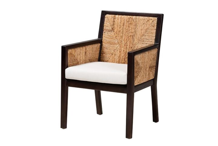 Bohemian Dark Brown Mahogany Wood and Natural Seagrass Dining Arm Chair
