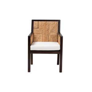 Bohemian Dark Brown Mahogany Wood and Natural Seagrass Dining Arm Chair
