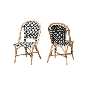 French Black and White Weaving Natural Rattan 2-Piece Bistro Chair Set