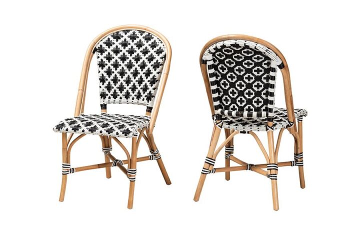 French Black and White Weaving Natural Rattan 2-Piece Bistro Chair Set