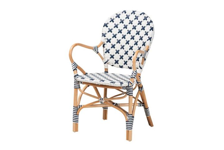 French Blue and White Weaving and Natural Rattan Bistro Chair
