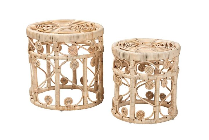 Bohemian Natural Brown Rattan 2-Piece Nesting End Table Set