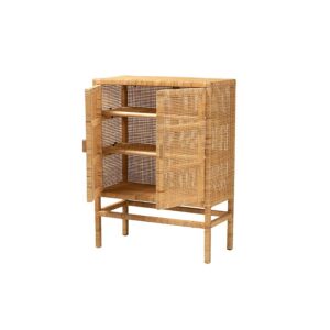 Bohemian Natural Brown Rattan and Mahogany Wood 3-Shelf Storage Cabinet