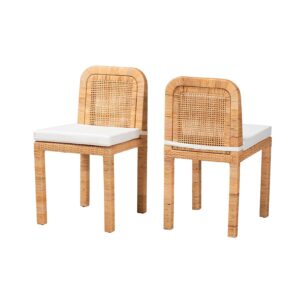 Bohemian Natural Brown Rattan and Mahogany Wood 2-Piece Dining Chair Set