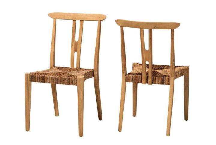 Bohemian Natural Brown Teak Wood and Seagrass 2-Piece Dining Chair Set