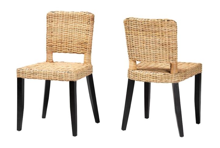Bohemian Dark Brown Finished Wood and Natural Rattan 2-Piece Dining Chair Set