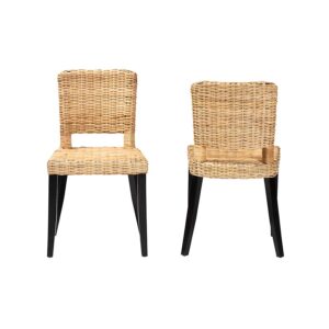Bohemian Dark Brown Finished Wood and Natural Rattan 2-Piece Dining Chair Set