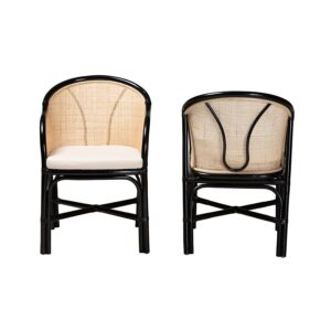 Bohemian Two-Tone Black and Natural Brown Rattan 2-Piece Dining Chair Set