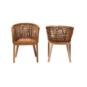 Bohemian Natural Brown Finished Teak Wood and Rattan 2-Piece Dining Chair Set