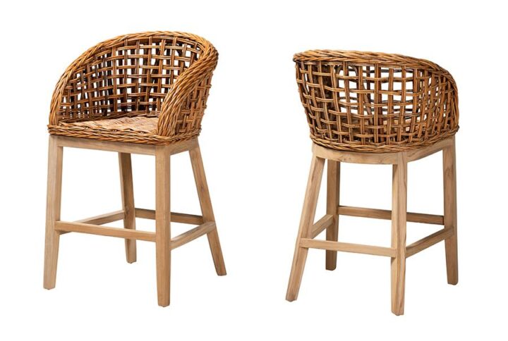 Bohemian Natural Brown Finished Teak Wood and Rattan 2-Piece Counter Stool Set