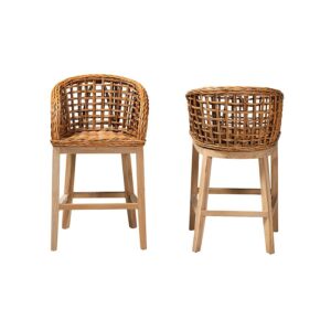 Bohemian Natural Brown Finished Teak Wood and Rattan 2-Piece Counter Stool Set