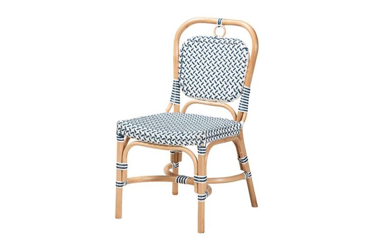 French Blue and White Weaving Natural Rattan Bistro Chair