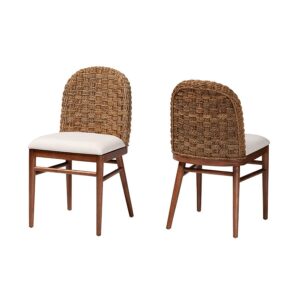 Bohemian Walnut Brown Finished Acacia Wood and Seagrass 2-Piece Dining Chair Set