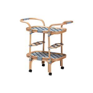 Bohemian Blue and White Weaving and Natural Rattan Wine Cart