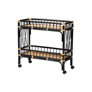 Bohemian Two-Tone Black and Natural Brown Rattan 2-Tier Kitchen Cart