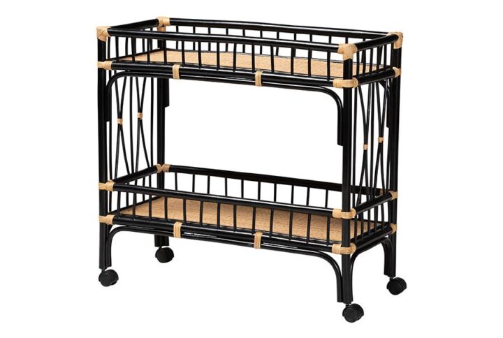 Bohemian Two-Tone Black and Natural Brown Rattan 2-Tier Kitchen Cart