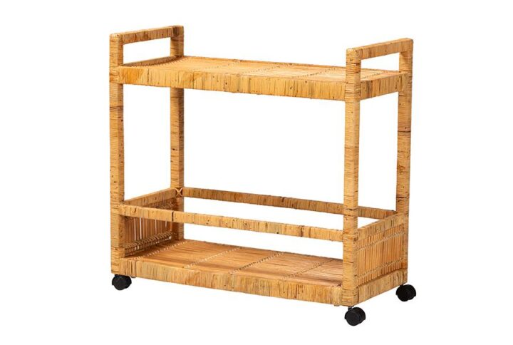 Bohemian Natural Brown Rattan and Teak Wood 2-Tier Kitchen Cart