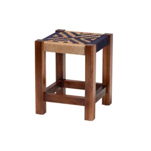 Bohemian Two-Tone Navy Blue and Natural Brown Seagrass and Acacia Wood Footstool