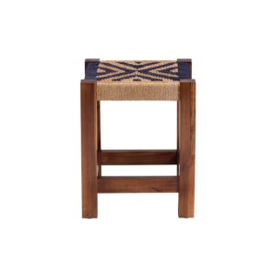 Bohemian Two-Tone Navy Blue and Natural Brown Seagrass and Acacia Wood Footstool