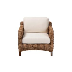 Bohemian Dark Brown Mahogany Wood and Woven Seagrass Arm Chair