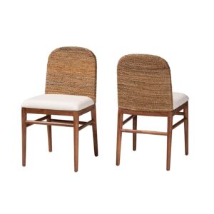 Nadim Modern Bohemian Natural Seagrass and Acacia Wood 2-Piece Dining Chair Set