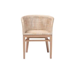 Bohemian Antique White Washed Rattan and Mahogany Wood Dining Chair