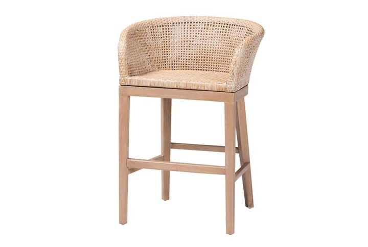 Bohemian Antique White Washed Rattan and Mahogany Wood Counter Stool