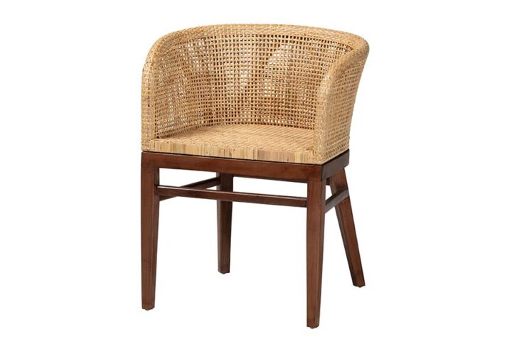 Papua Modern Bohemian Natural Rattan and Walnut Brown Acacia Wood Dining Chair