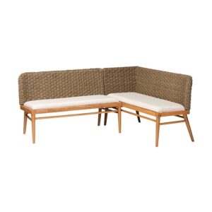 Bohemian Natural Seagrass and Acacia Wood 2-Piece Dining Nook Banquette Set