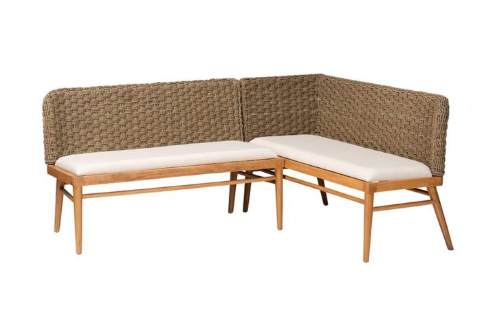 Bohemian Natural Seagrass and Acacia Wood 2-Piece Dining Nook Banquette Set