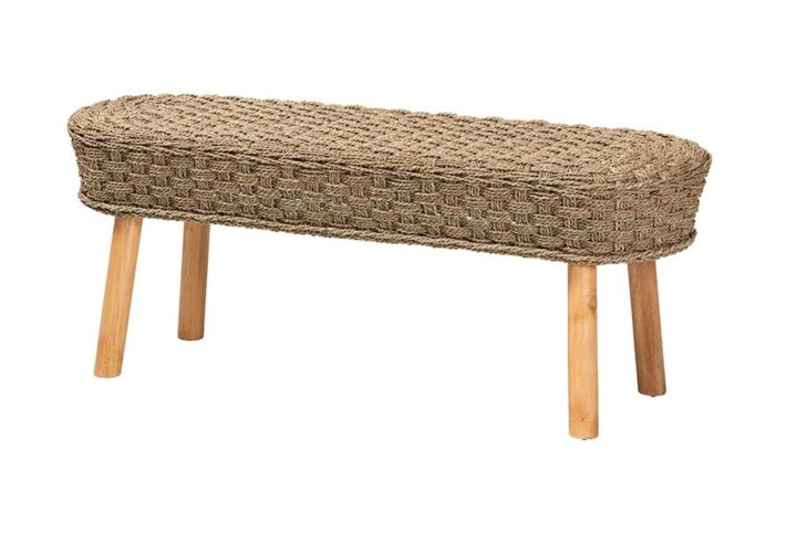 Denver Modern Bohemian Natural Seagrass and Acacia Wood Accent Bench