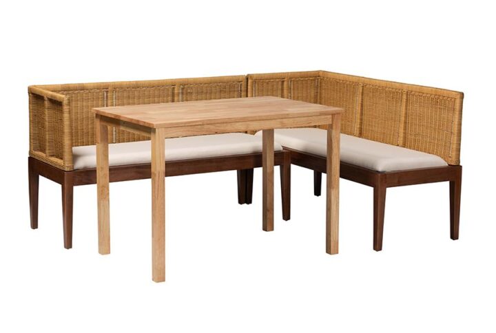 Bohemian Natural Brown Rattan and Brown Acacia Wood 3-Piece Dining Nook set