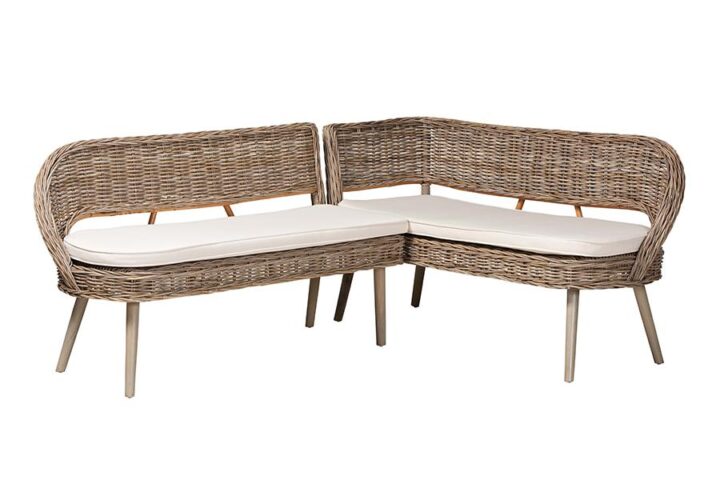 Natural Kubu Rattan and Grey Acacia Wood 2-Piece Dining Nook Banquette Set