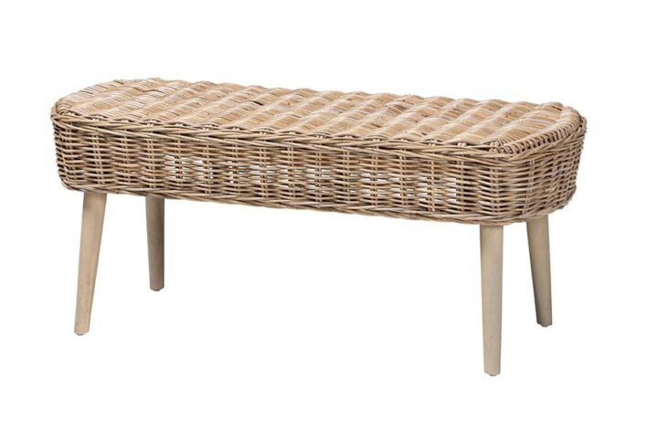 Raisa Modern Bohemian Natural Kubu Rattan and Grey Acacia Wood Accent Bench