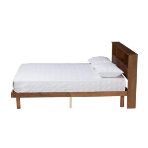 Walnut Brown Finished Wood Queen Size Platform Bed with Charging Station