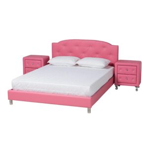 Glam Pink Faux Leather Upholstered Queen Size 3-Piece Bedroom Set