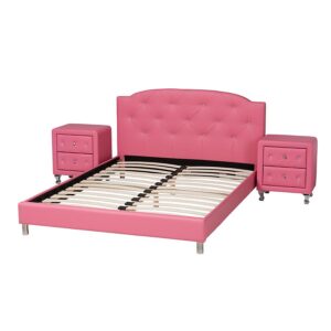 Glam Pink Faux Leather Upholstered Queen Size 3-Piece Bedroom Set