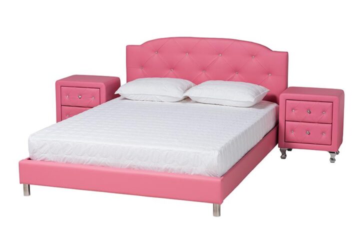 Glam Pink Faux Leather Upholstered Full Size 3-Piece Bedroom Set