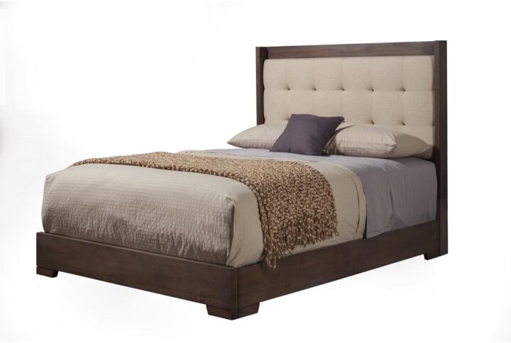The Savannah tufted upholstered queen bed features a beautiful rich light wire brush pecan (brown) finish. Alpine takes pride in the quality of their products.  Constructed with Plantation Mahogany Wood Solids & Okoume Veneer.  Polyester upholstered tufted headboard. Mattress is not included.  Alpine Furniture knows that certain things never go out of style. Their furniture products are designed and constructed with classic English and/or French dovetailing that provides a sturdy result and an unbeatable aesthetic. For over 20 years