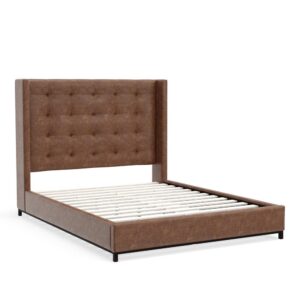 this bed features a beautifully tufted wingback headboard in a rich brown faux suede/leather material. The low-profile design and black-finished wood legs give it a modern touch