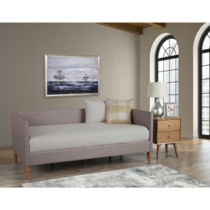 this piece can be used as a bed or a place to just relax.  Covered in a Dark Gray linen fabric and accented by Mid-Century style legs in an Acorn finish