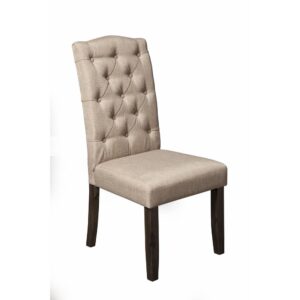 The neutral gray tones of the Newberry Parson Dining Side Chair contrasts the earthy tones while the distressed salvaged wood legs tie the entire Newberry dining set together. The perfectly curved back with button-tuft details makes a statement and provides comfort. Using sustainable wood resources