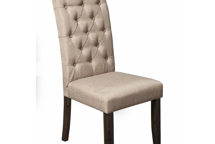 The neutral gray tones of the Newberry Parson Dining Side Chair contrasts the earthy tones while the distressed salvaged wood legs tie the entire Newberry dining set together. The perfectly curved back with button-tuft details makes a statement and provides comfort. Using sustainable wood resources